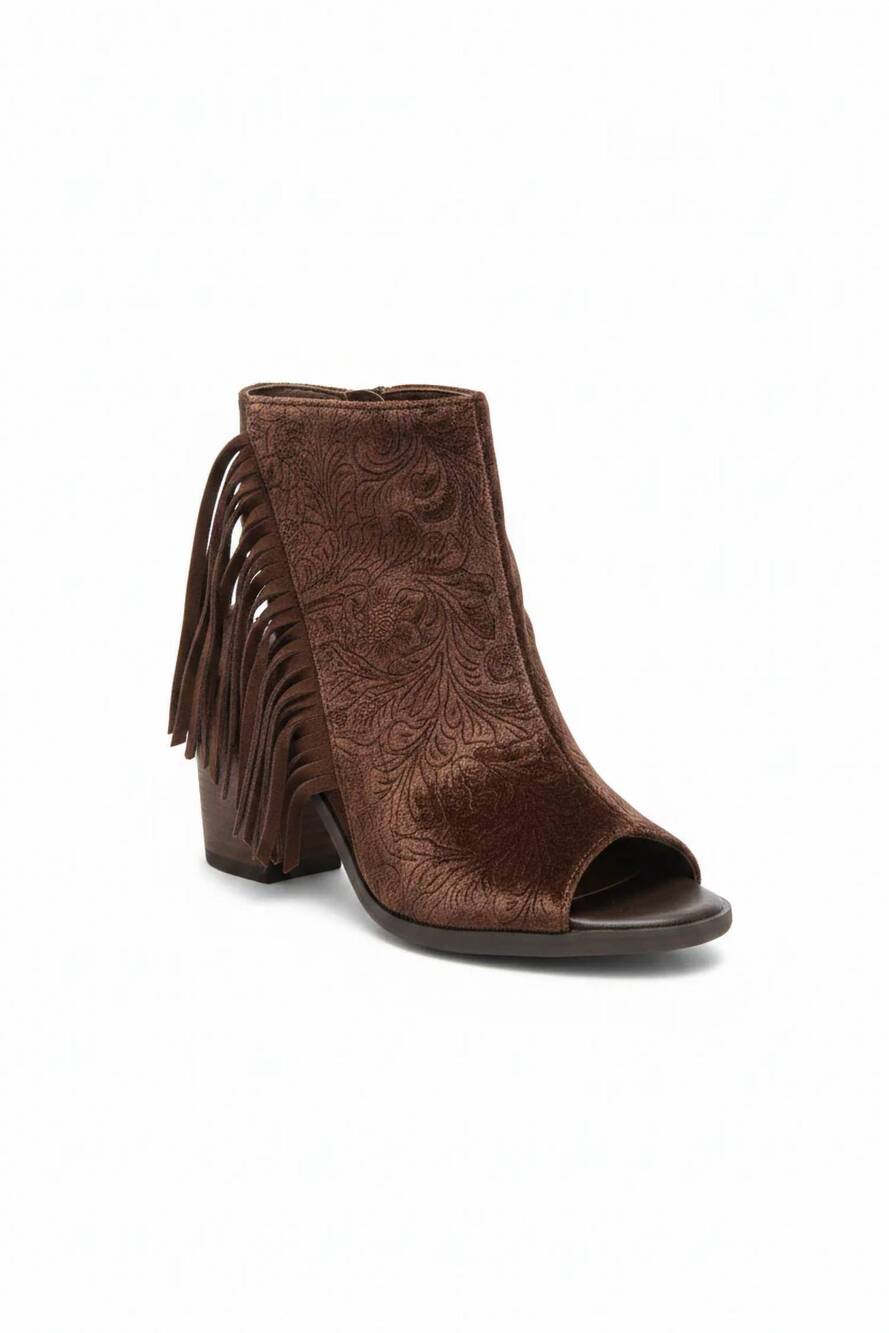 NEW VOLATILE women's embossed velvet fringe western bootie in brown